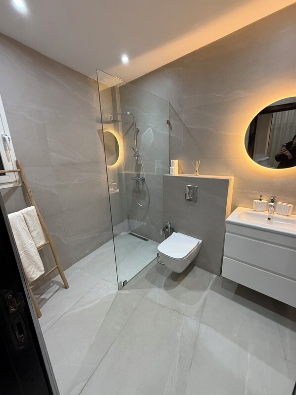 Hair dryer, towels, soap, toilet paper