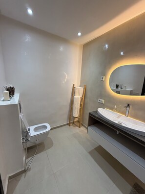 Hair dryer, towels, soap, toilet paper
