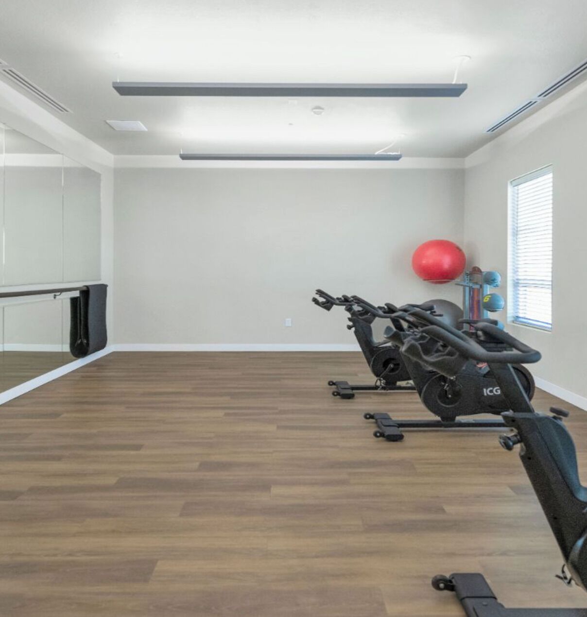 Ein Fitnessraum mit einem Ergometer, einem roten Übungsball und einem Fenster mit Jalousien.