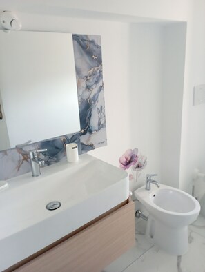 Bidet, serviettes fournies, savon, papier toilette