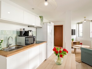 Apartment, City View | Private kitchen | Fridge, microwave, stovetop, electric kettle