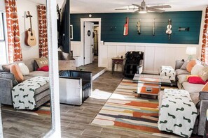TV, fireplace, video games, DVD player