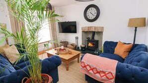 A cozy living room with a blue sofa, a potted plant, a fireplace, and a wall-mounted clock. - 18 Main Street (Fishguard)
