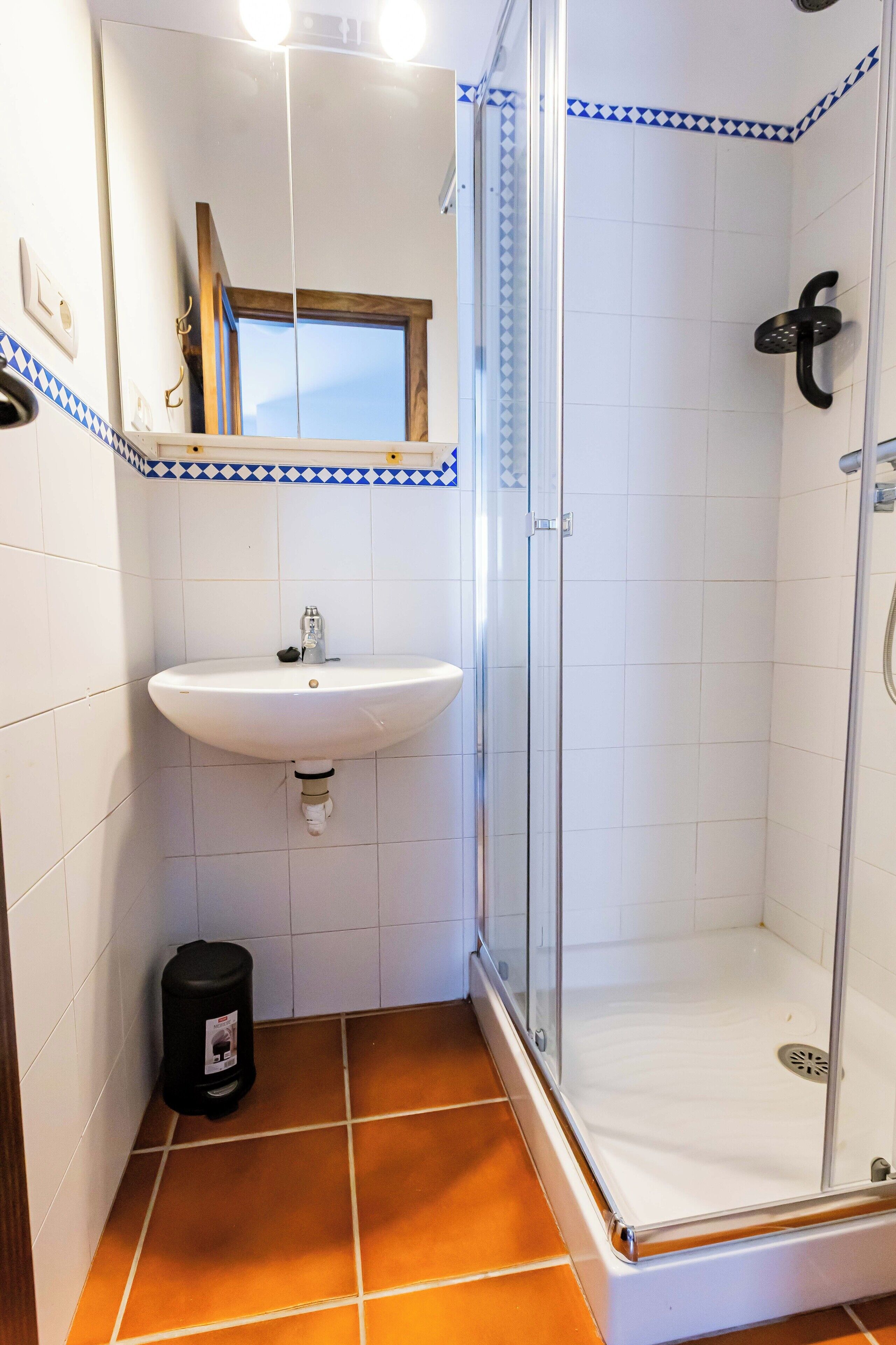 A bathroom with a white sink, a mirror, and a shower enclosure.