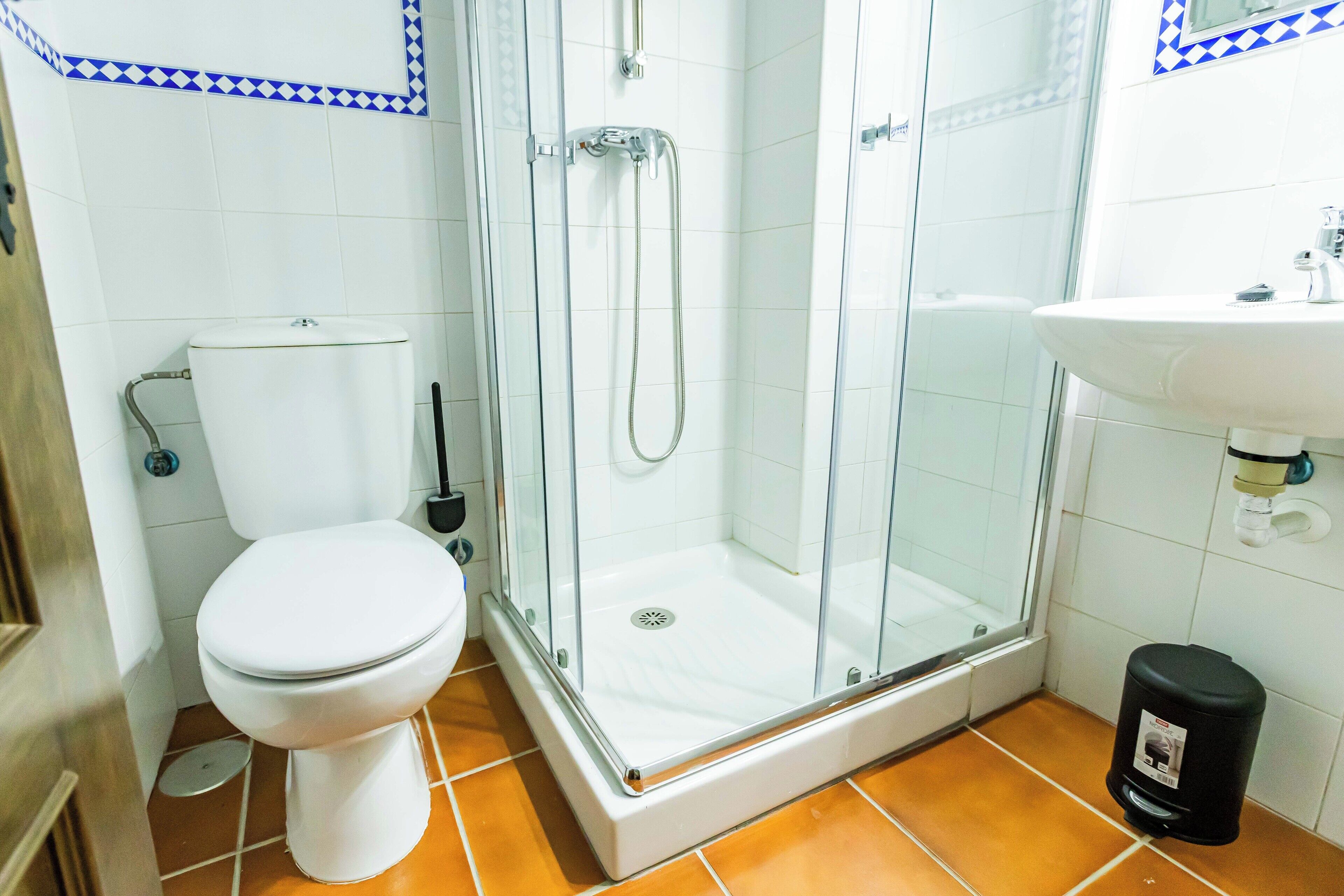 Un bagno con un water, una doccia vetrata e un lavandino.
