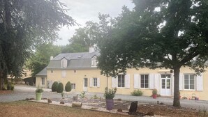 Een geel huis met witte luiken, omringd door bomen en plantenpotten.