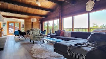 Smart TV, chimenea, libros y estéreo