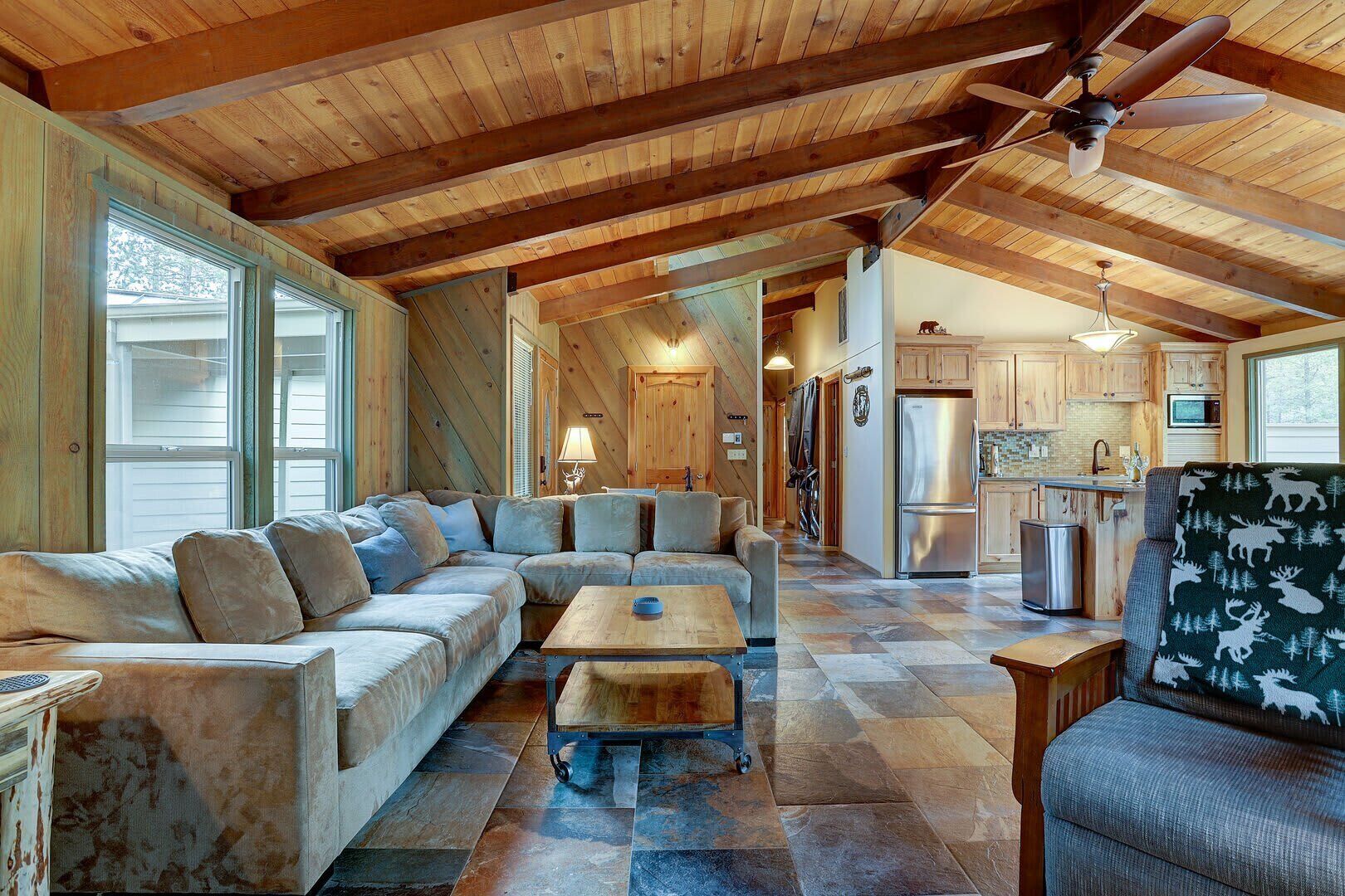 TV, fireplace, books, offices