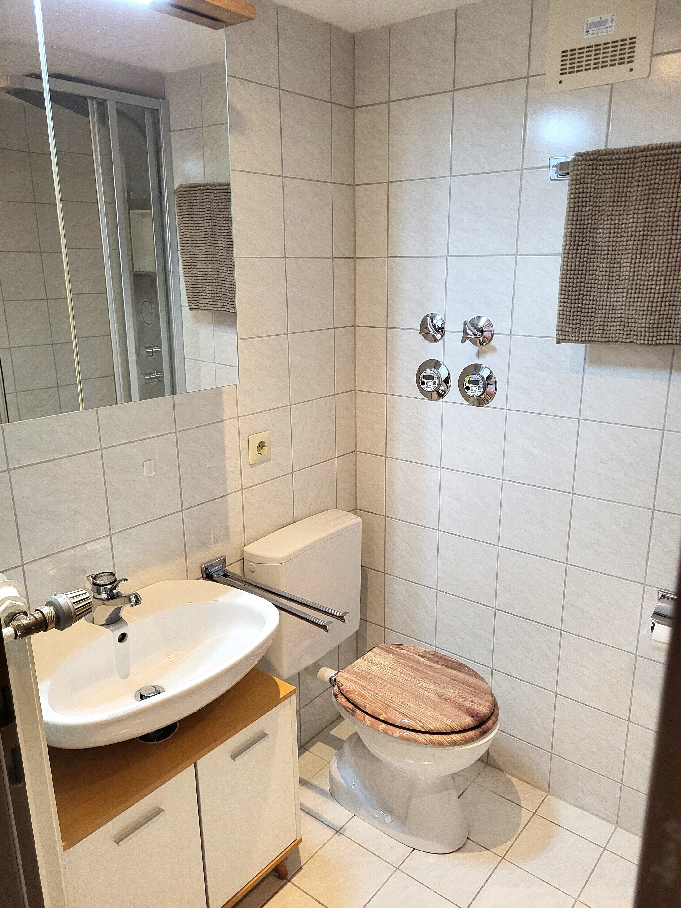 A bathroom with a white sink, a toilet with a wooden seat, a shower area, and a mirror.