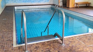 An indoor swimming pool with a tiled floor and walls, a diving board, and a mural of dolphins. - Vacation apartment zum Hochgrat (Oberstaufen)