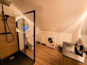 Shower, hair dryer, towels, soap