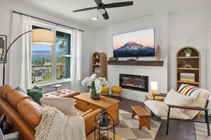 Smart TV, fireplace, DVD player, books