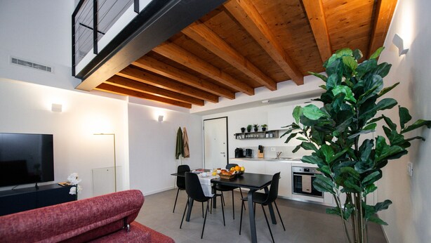 Una sala de estar moderna con un sofá rojo, una zona de comedor con una mesa y sillas, una cocina con electrodomésticos y una planta grande en maceta.