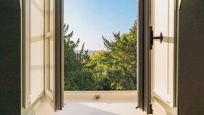 Ένα ανοιχτό παράθυρο με θέα σε πυκνή, καταπράσινη βλάστηση και έναν καθαρό ουρανό.