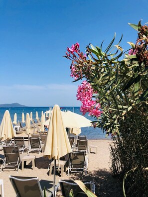 Un espace aménagé au bord de la plage, avec des chaises longues et des parasols, offrant une vue sur la mer.