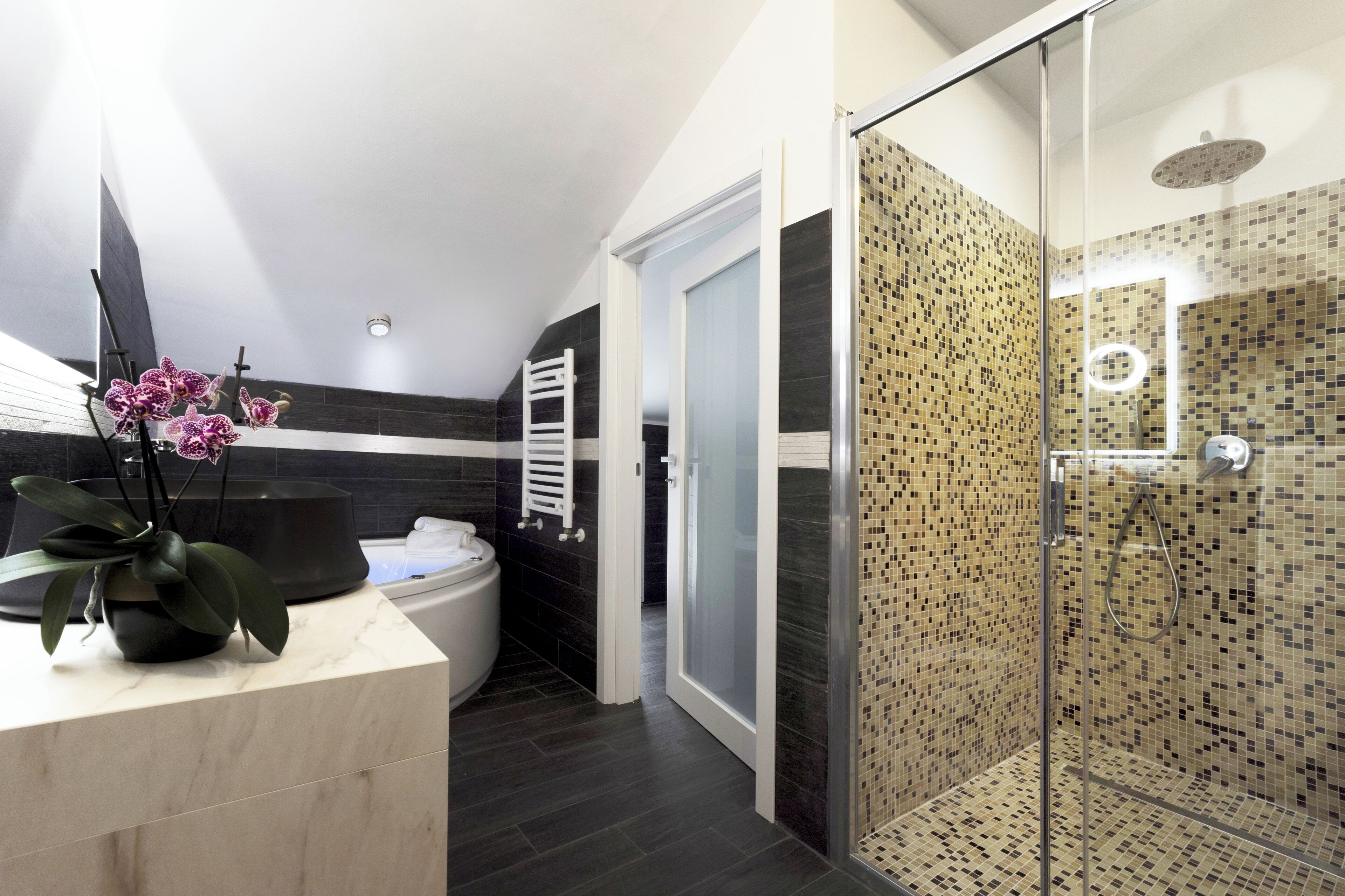 A modern bathroom with a glass shower, a black and white tiled wall, and a white sink with a potted orchid.