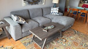 Una sala de estar con un sofá gris, una mesa de centro y un tapete colorido.