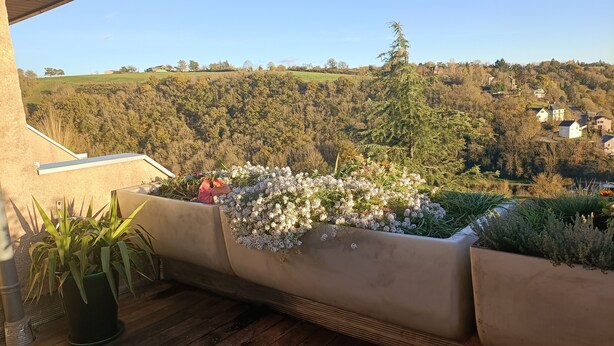 A balcony with a wooden floor, potted plants, and a view of a hillside with houses.