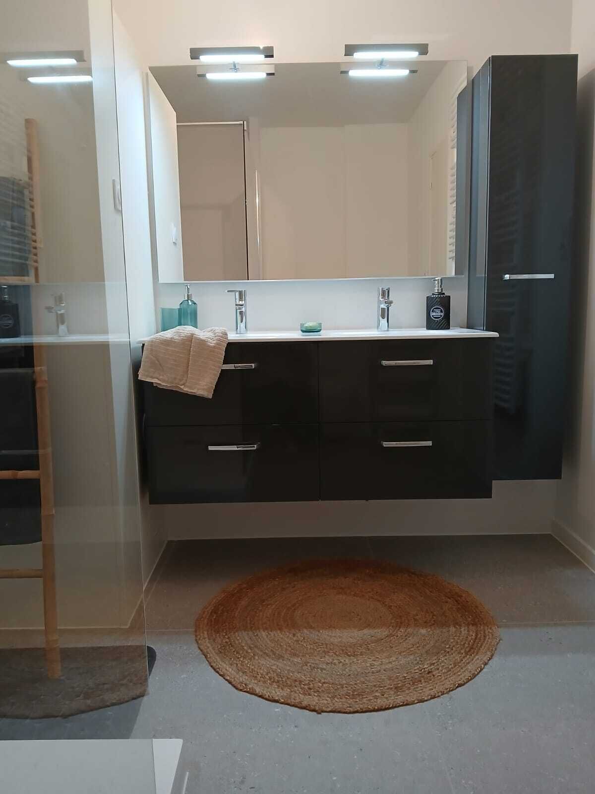 A modern bathroom with a glass shower enclosure, a black vanity with a mirror, and a brown rug on the floor.