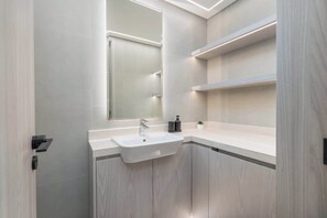 Shower, hair dryer, towels