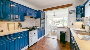 A kitchen with blue cabinets, a stove, and a window overlooking a garden.