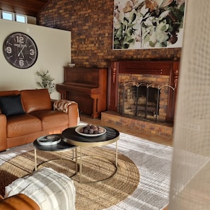 Smart TV, fireplace, books