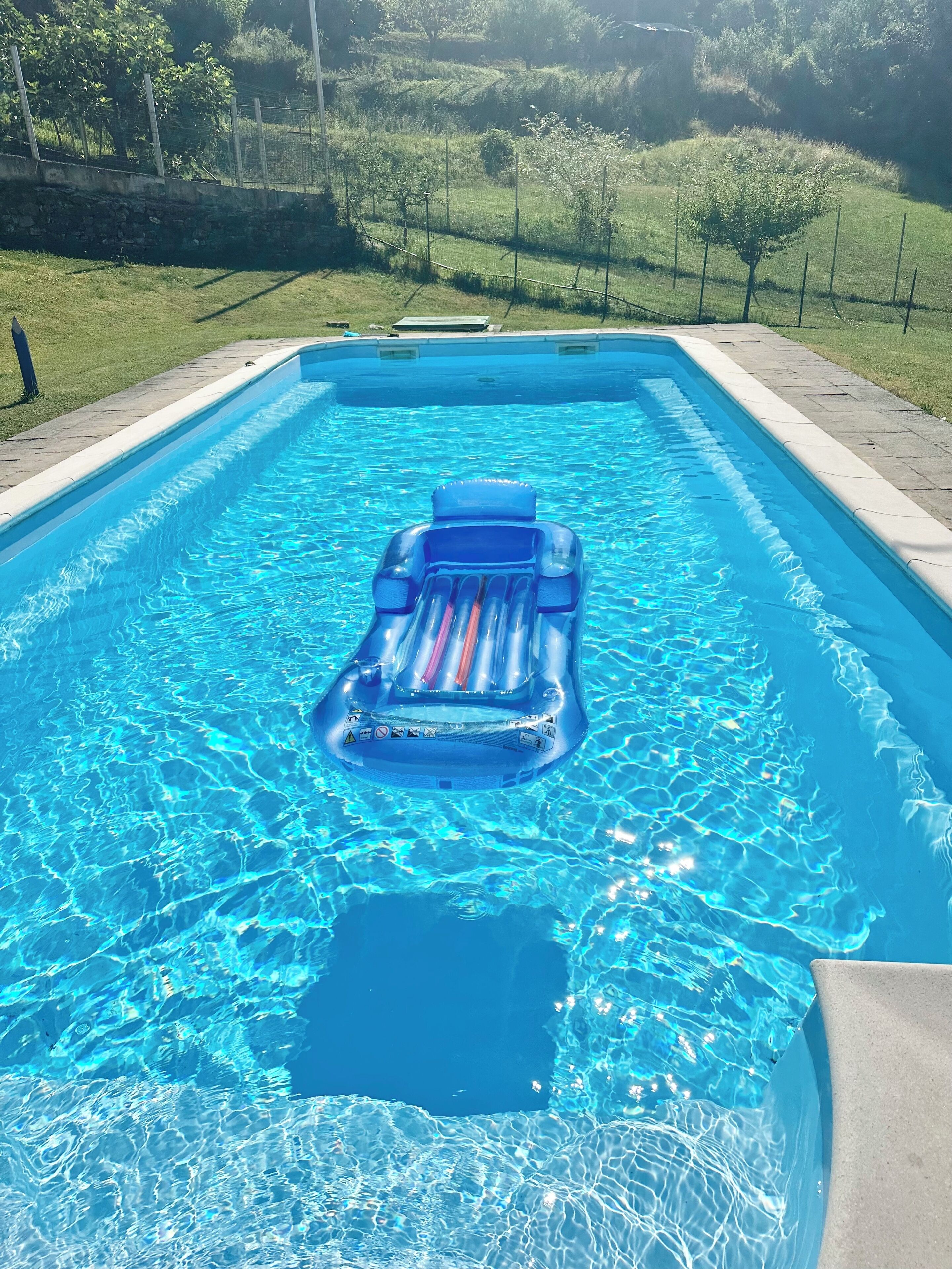 A rectangular swimming pool with clear blue water, surrounded by a stone wall and a grassy area with trees.