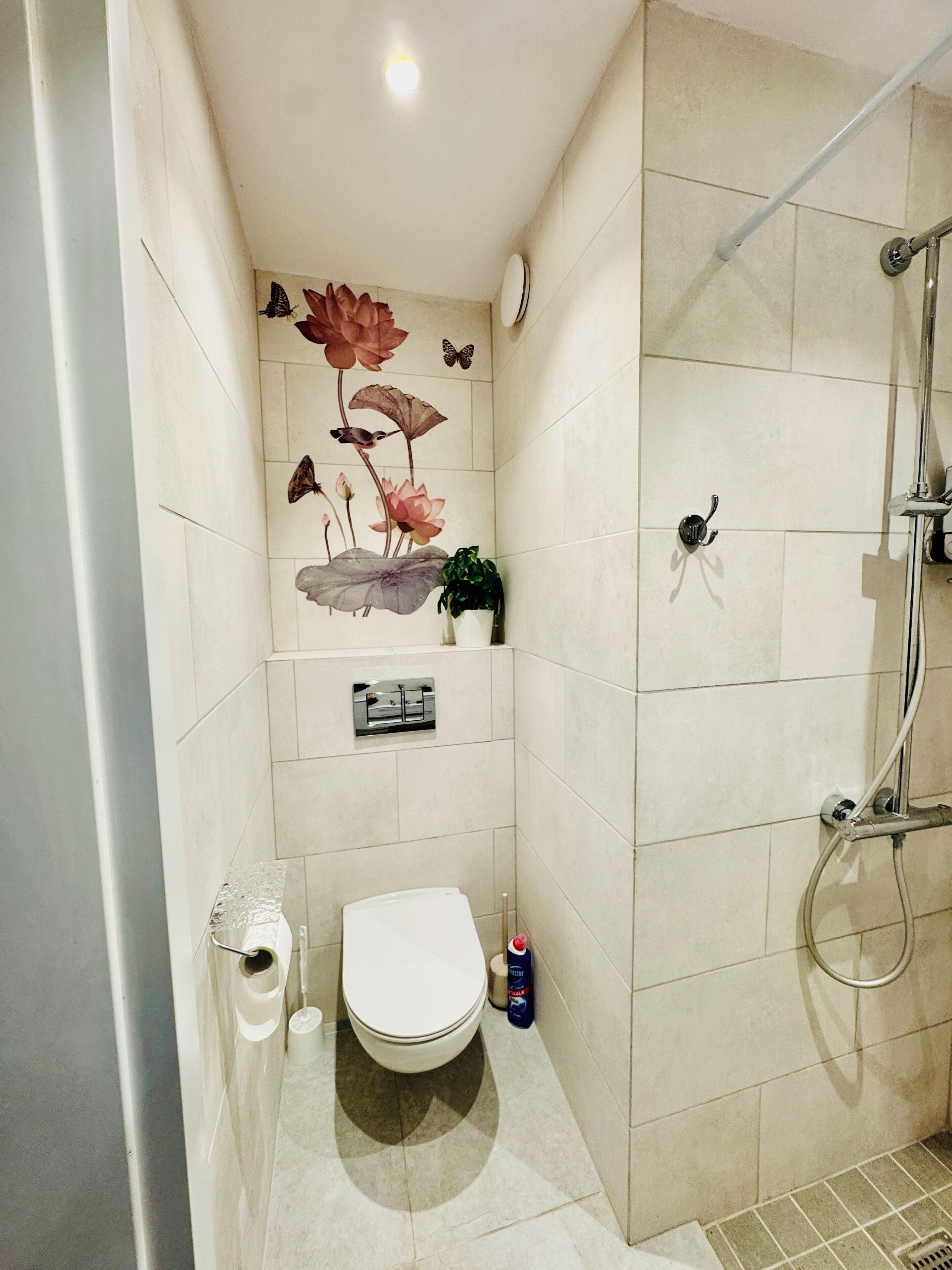 Et lille badeværelse med toilet, bruser og dekorativ vægkunst.