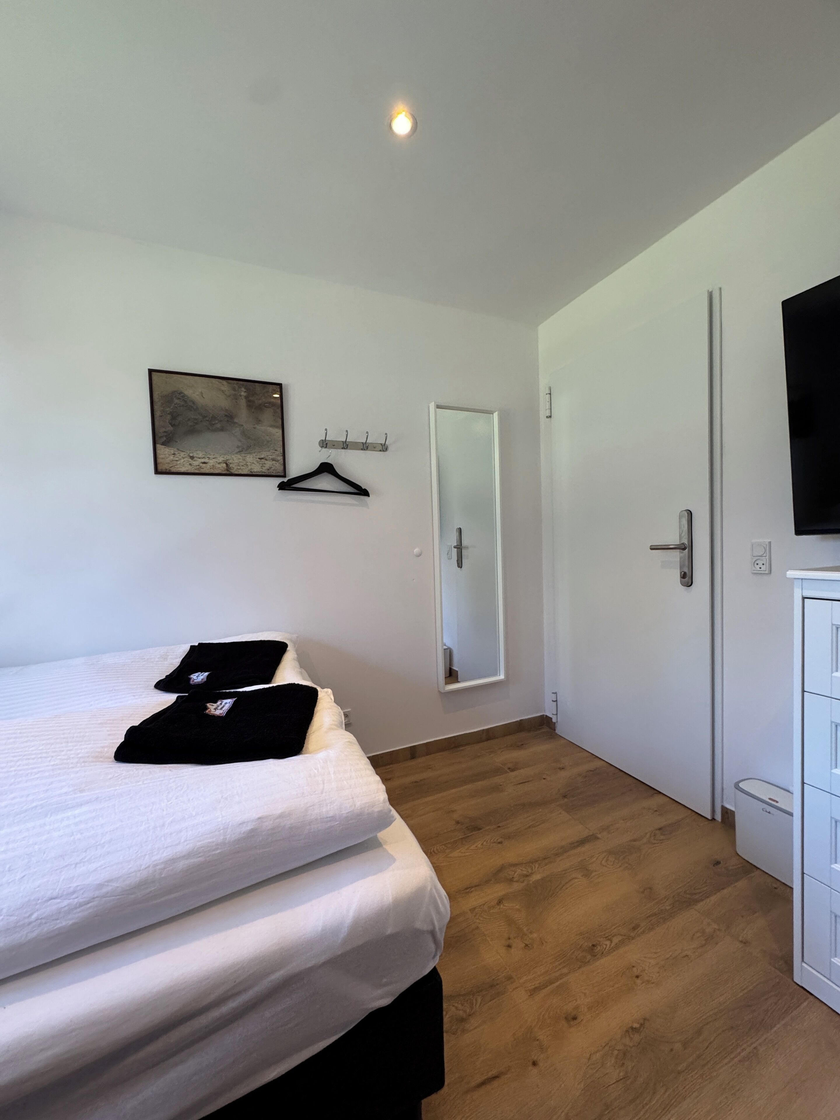 Un dormitorio con cama, perchero, espejo y televisor.
