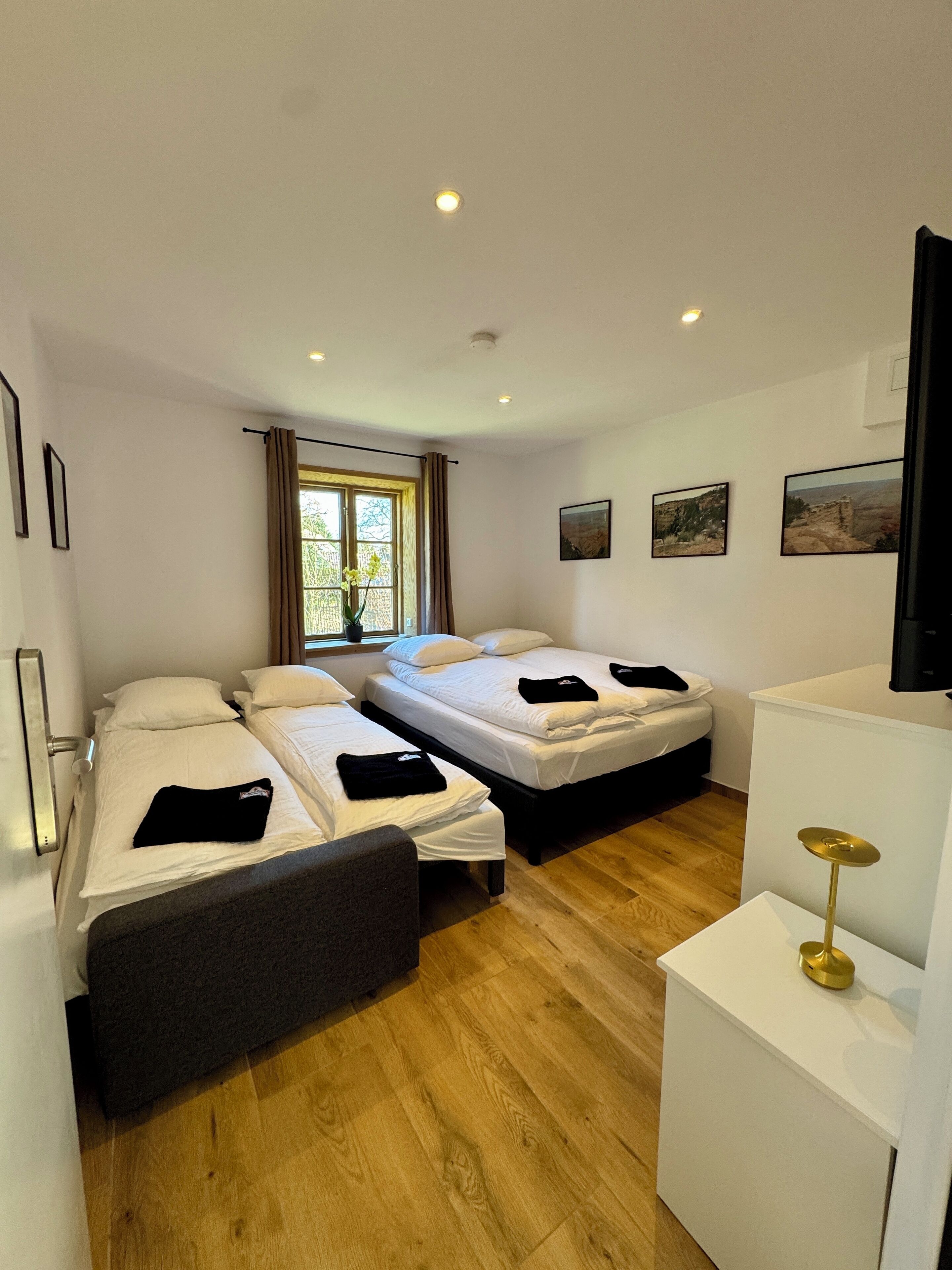 Family Quadruple Room, Garden View | Premium bedding, pillowtop beds, desk, blackout drapes