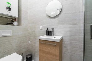 Chuveiro, secador de cabelo, shampoo 