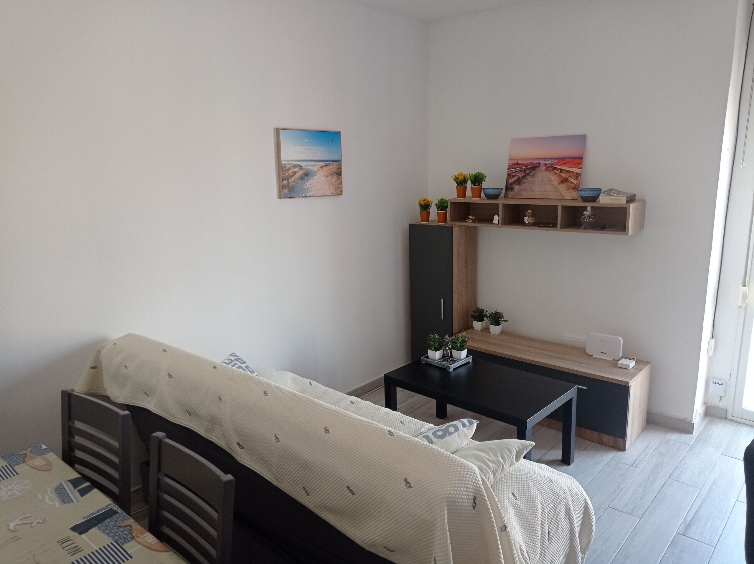 A small, neatly arranged room with a bed, a desk, and a shelf with plants.