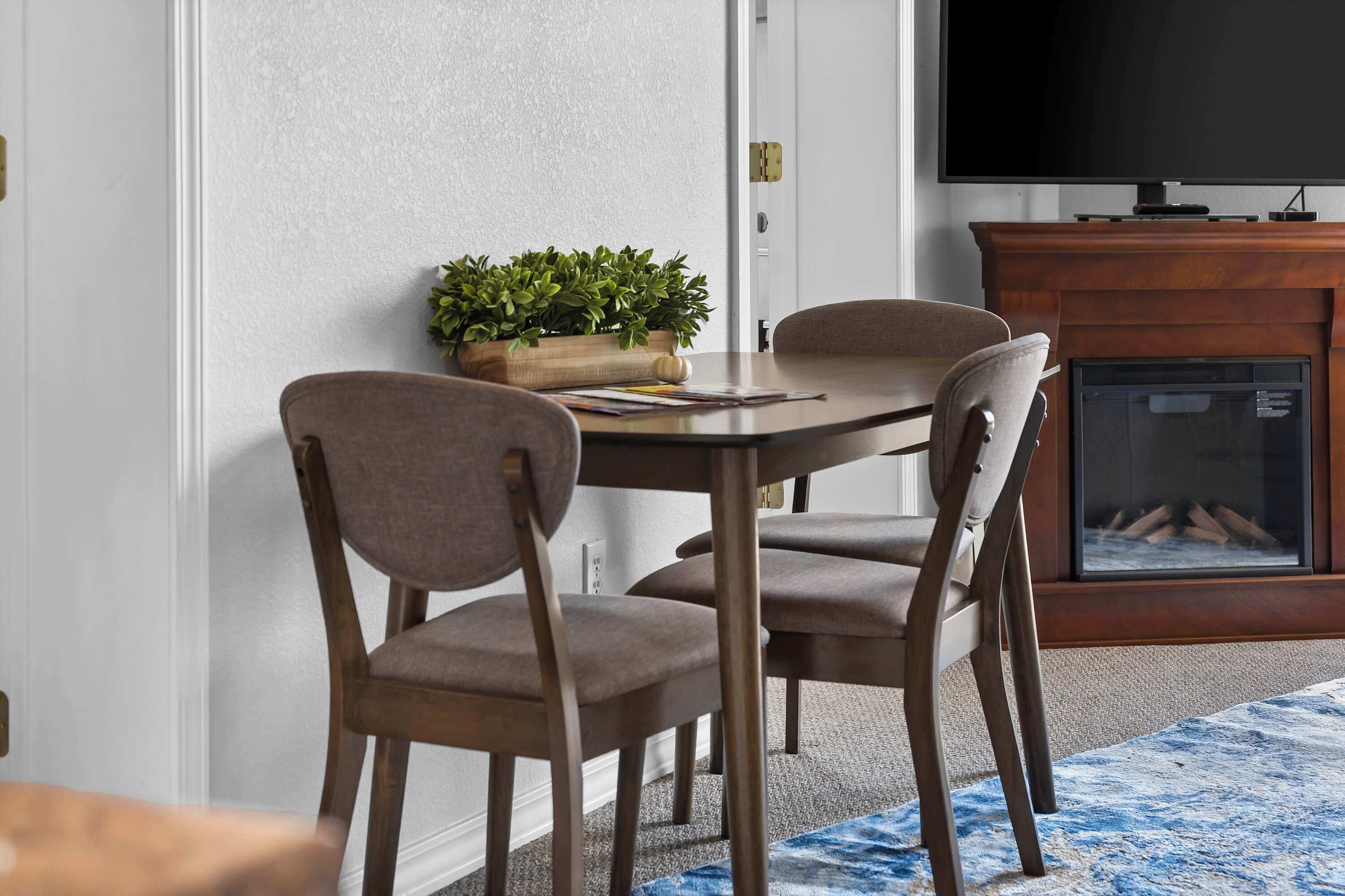 A dining area with a wooden table and four chairs, a potted plant, and a television on a stand.