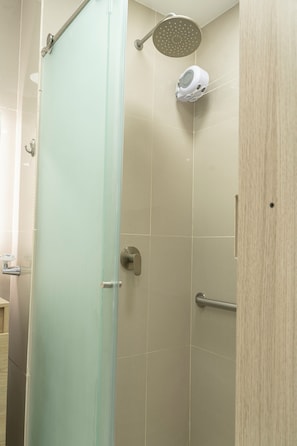 Shower, towels, soap, toilet paper