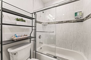 Hair dryer, towels, soap, toilet paper