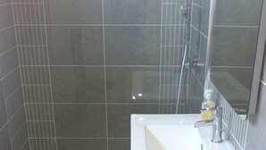 Un baño con ducha, lavabo y espejo.