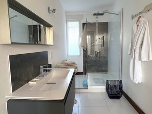 Hair dryer, bidet, towels, toilet paper