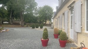 En grusbelagd innergård med krukväxter formklippta till dekorativa former, en hög med ved och en skottkärra.
