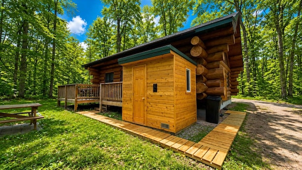 A log cabin with a deck, a picnic table, and a covered outdoor area. - Stagecoach Inn Log Cabin 10 Acres Wooded Setting (Beulah)