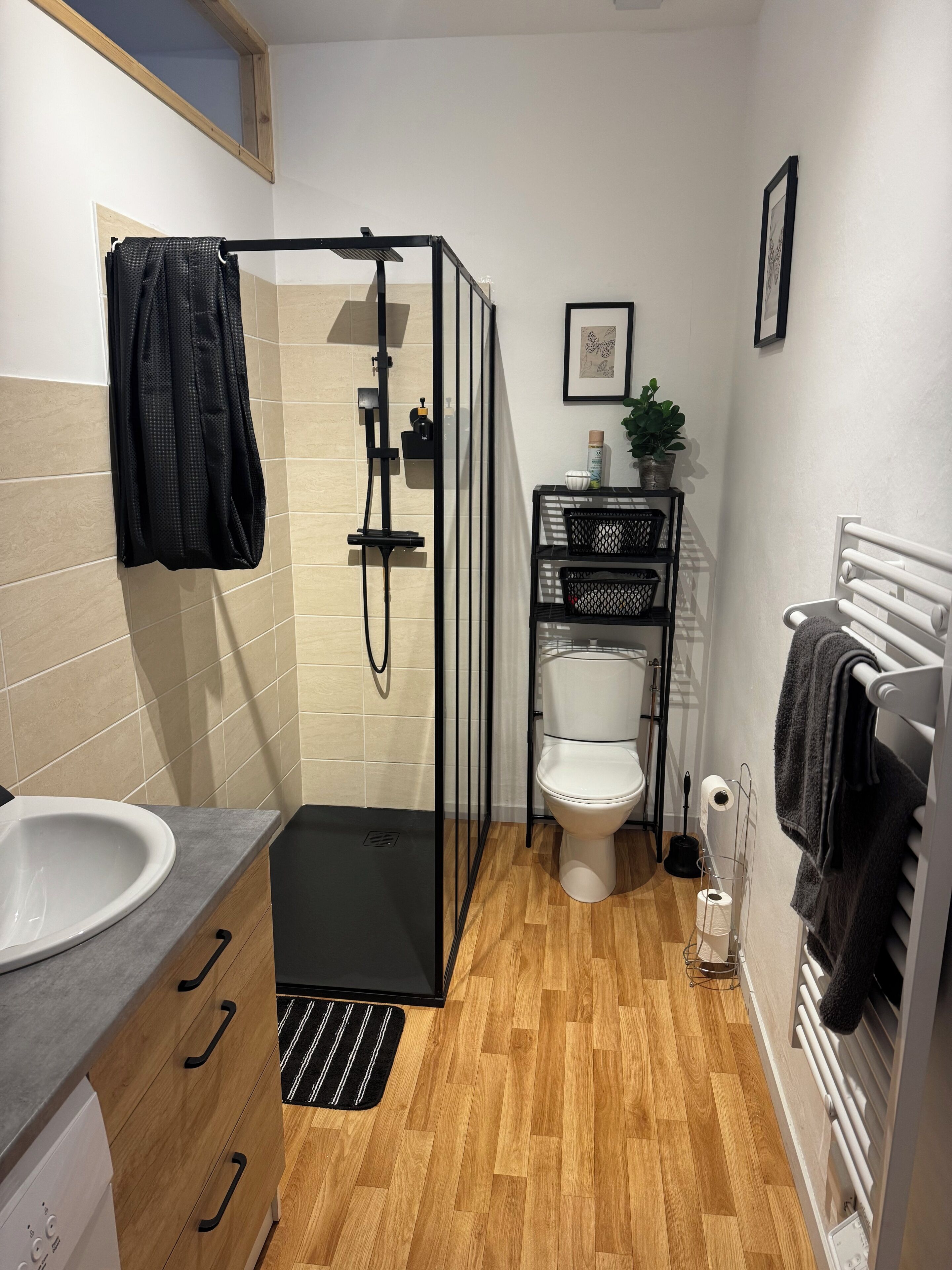 Douche, séchoir à cheveux, serviettes fournies, savon