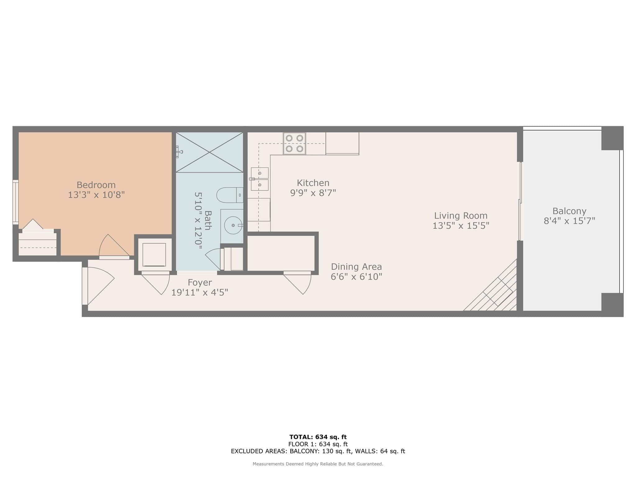 Grundriss eines Wohnhauses mit Schlafzimmer, Küchenzeile, Bad, Essbereich, Eingangsbereich, Wohnzimmer und Balkon.