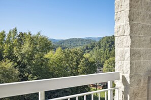 Ein Balkon mit Blick auf eine bewaldete Bergkette.