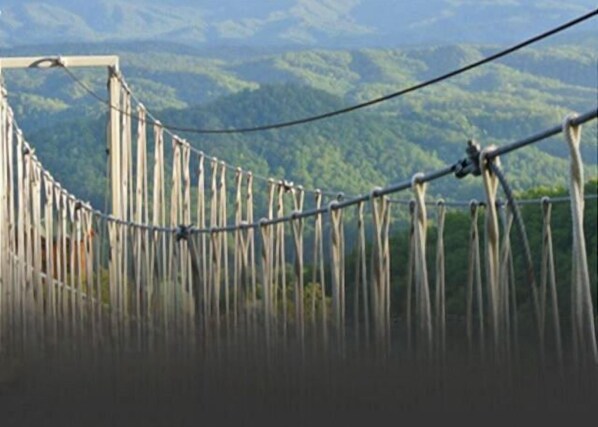 A suspension bridge with cables and a mountainous landscape in the background.