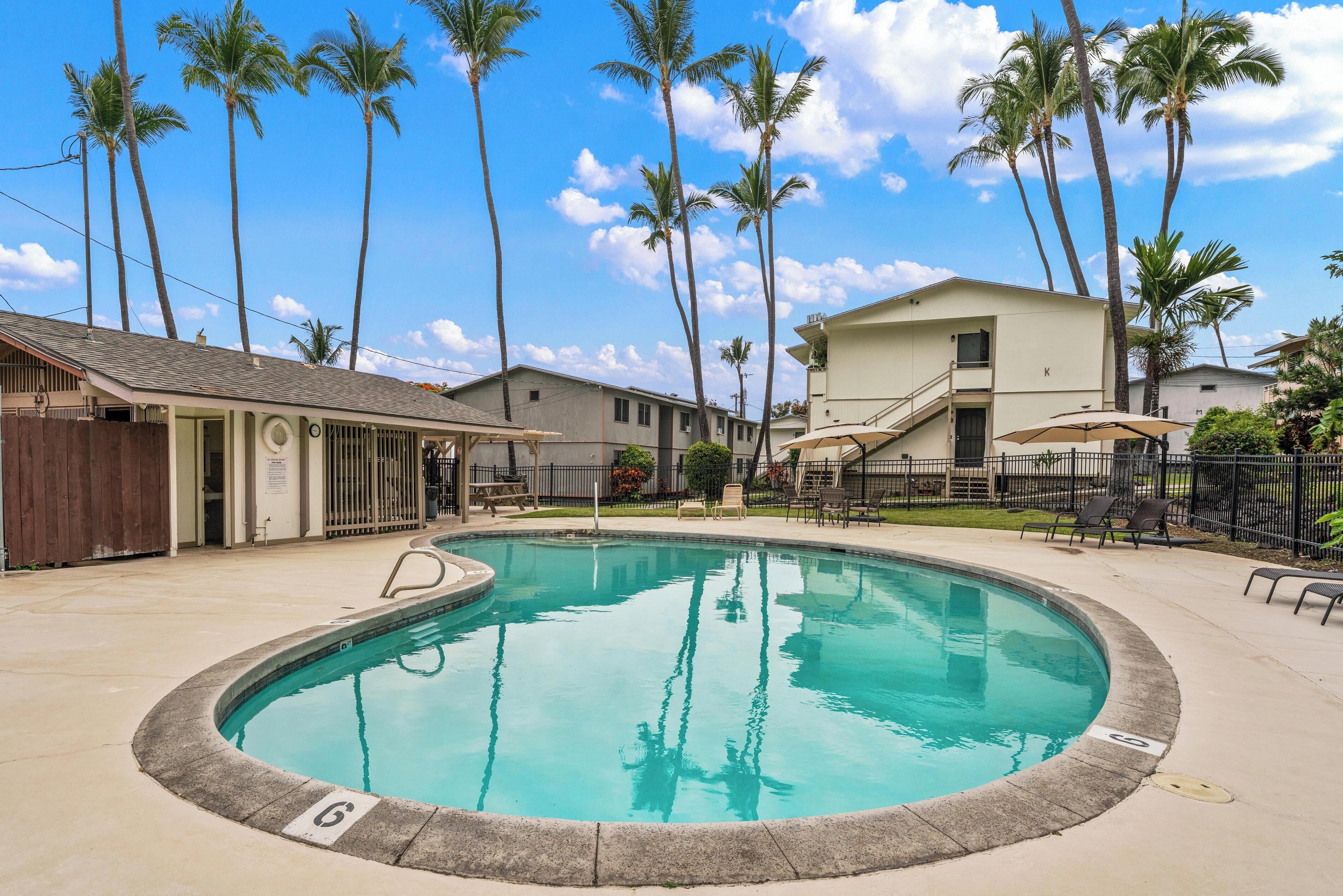 A swimming pool surrounded by palm trees and a building with a balcony.