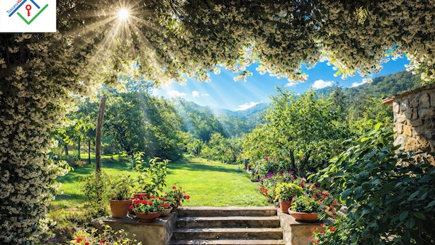 A garden pathway leading to a lush green landscape with a stone wall on one side and a wooden pergola on the other. - Il Palazzaccio | Nature, Pool & Relaxation in Lucca (Lucca)