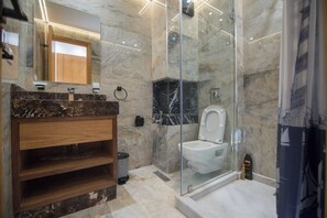 Hair dryer, towels, soap, toilet paper