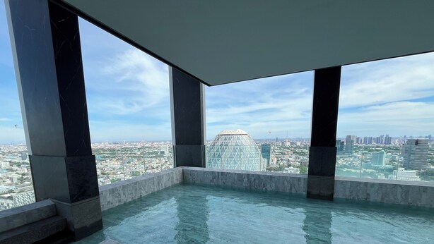 A rooftop infinity pool with a city view, large pillars, and a clear sky.