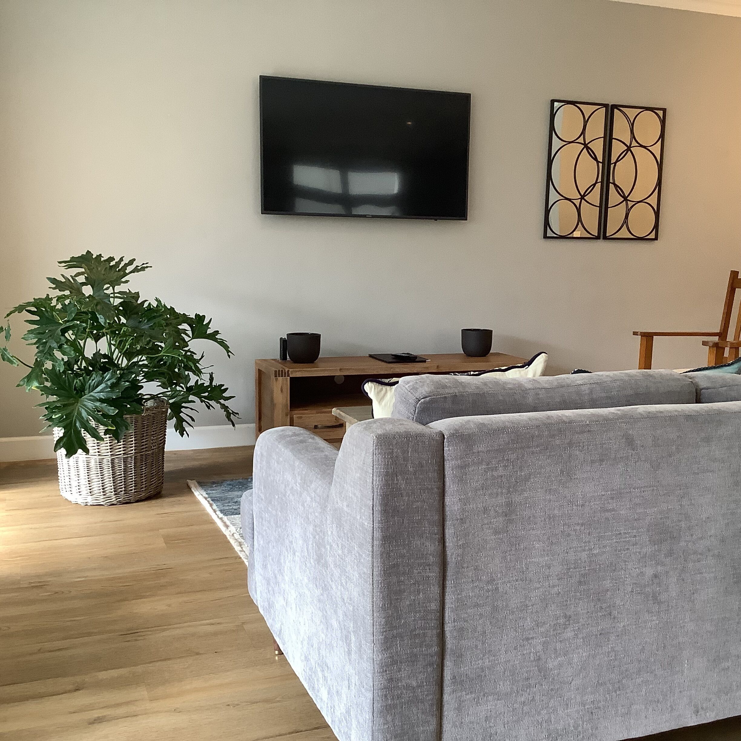 A living room with a grey sofa, a wooden coffee table, a flat-screen TV, a decorative wall piece, and a large potted plant.