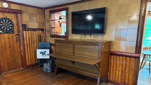 Una habitación con piso de madera, televisor montado en la pared, dardos y un mueble con espejo.