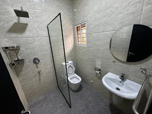 Shower, towels, soap, toilet paper